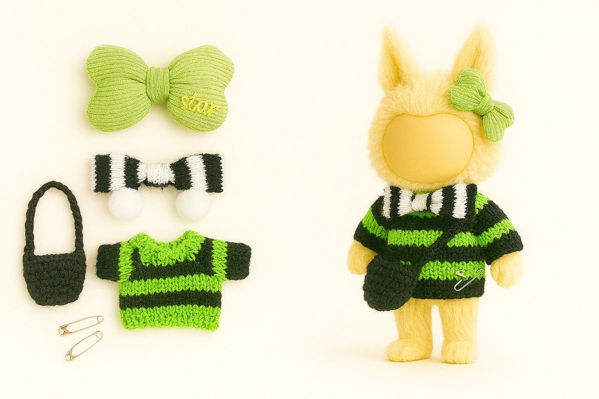 Kledingset geschikt voor Labubu – groen-zwart gebreide trui, zwarte schoudertas, strikjes en accessoires – voor 15-17 cm Labubu poppen | Labubu Kleding | Labubu Kleren